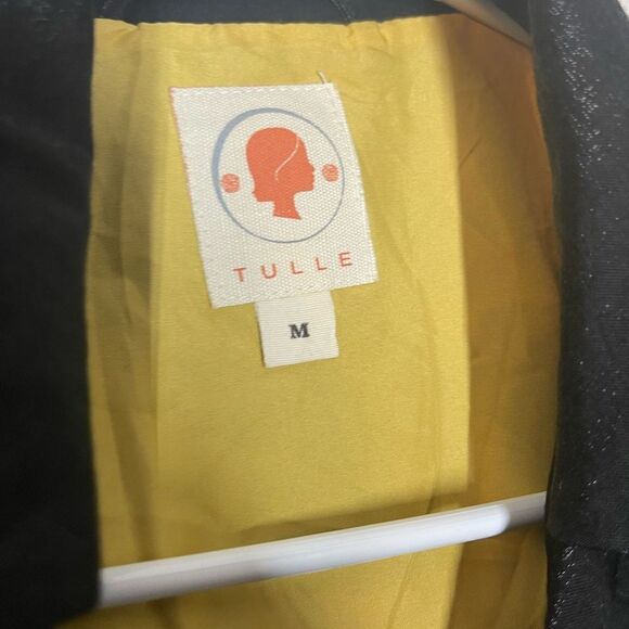 TULLE black double breasted long sleeve shimmering coat yellow lining, medium - Picture 8 of 15